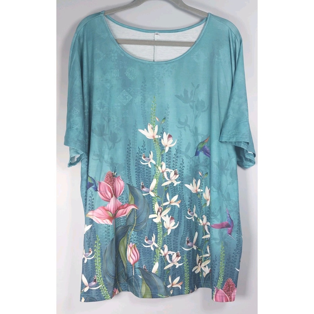Floral Hummingbird Round Neck Top Womens Plus Size 3X Teal Short Sleeves Casual